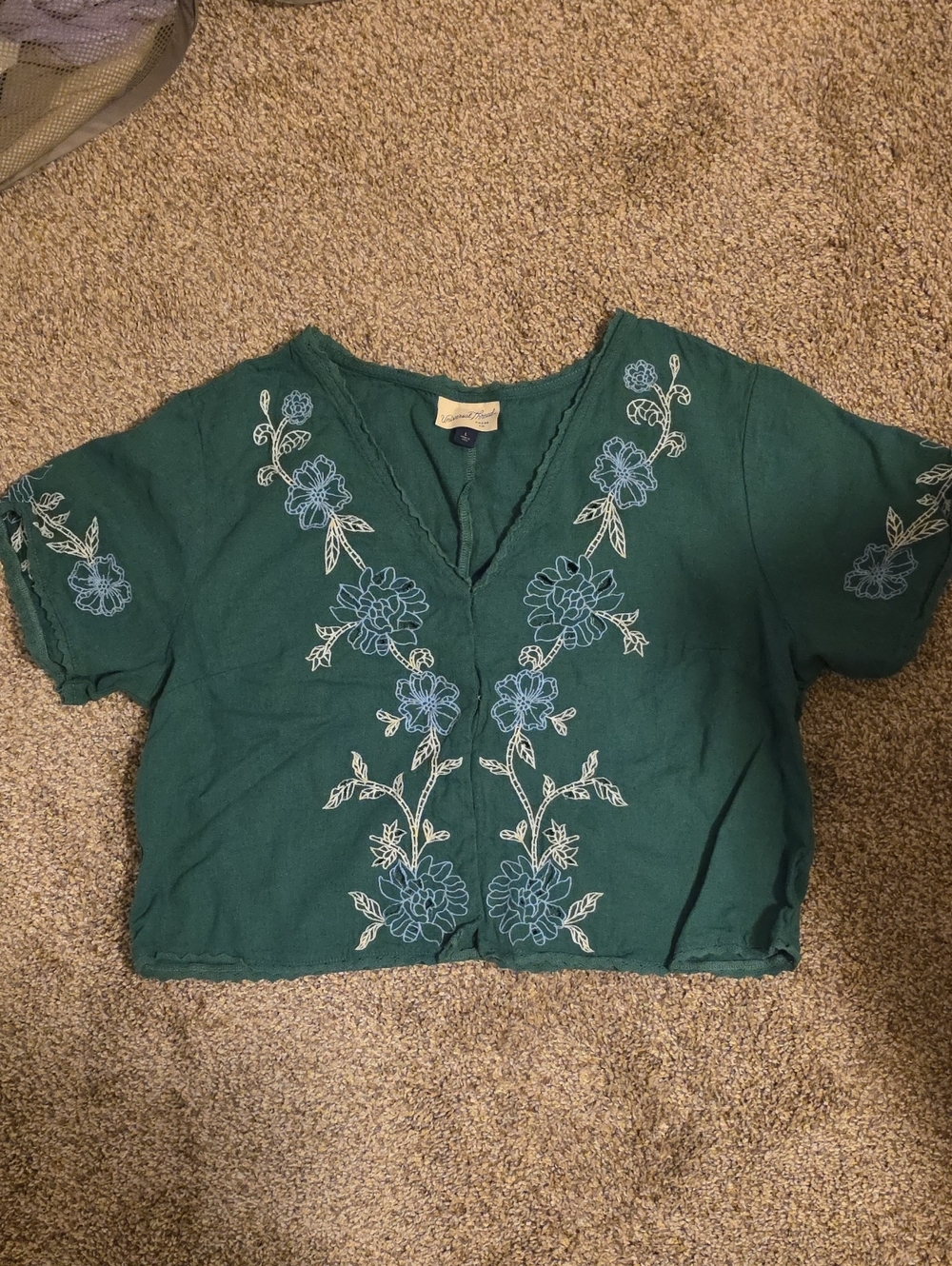 Embroidered V-Neck Women's Top in Teal with Blue Floral Accents